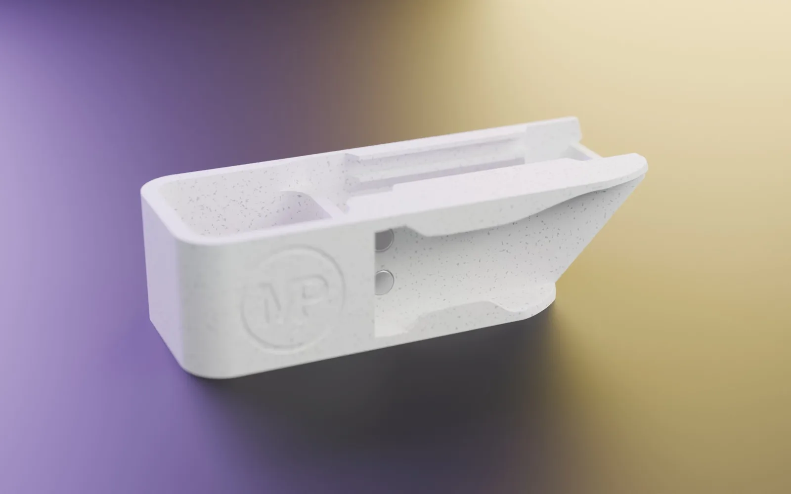 Lo Smokit, una custodia tascabile bianca stampata in 3D con il logo Mistyprints inciso.
